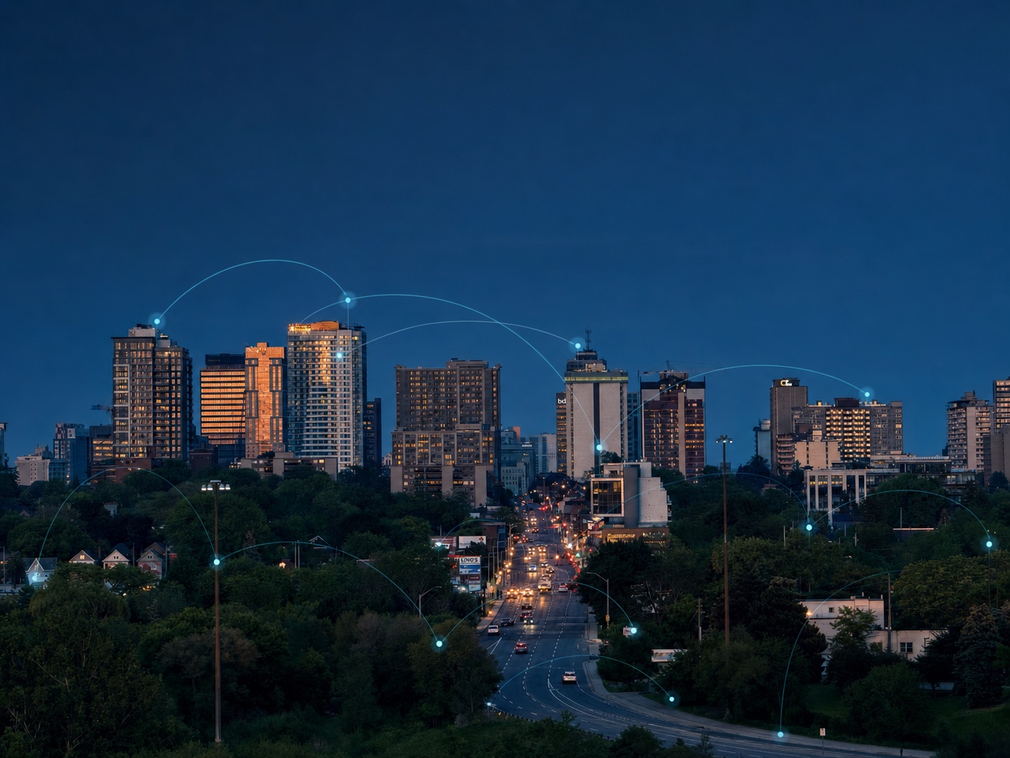 Hamilton skyline and neighbourhoods at blue hour with subtle regional activity connections
