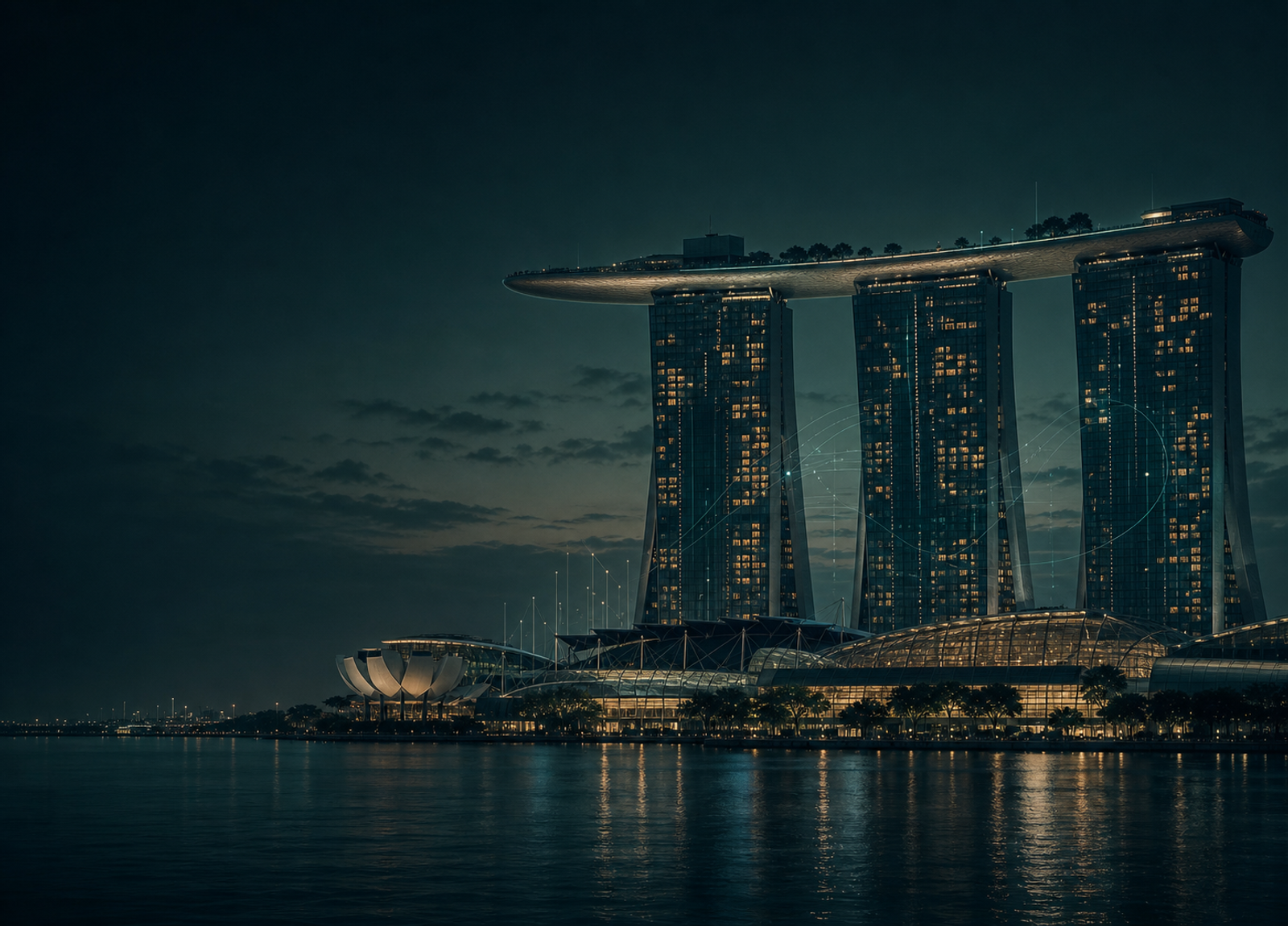 Stylized waterfront civic skyline with subtle activity signals