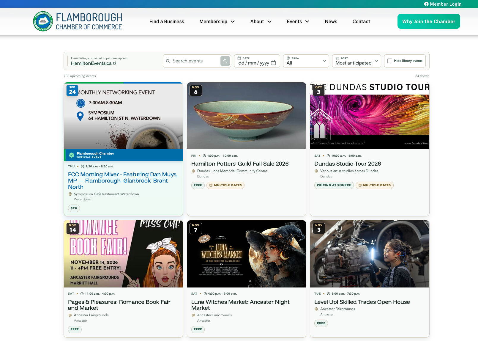 Screenshot of the Flamborough Chamber of Commerce community events page with event search filters and listings