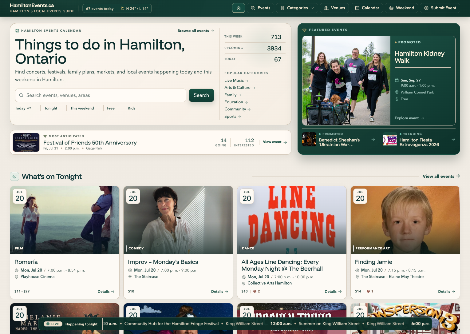 HamiltonEvents.ca live homepage showing current event discovery