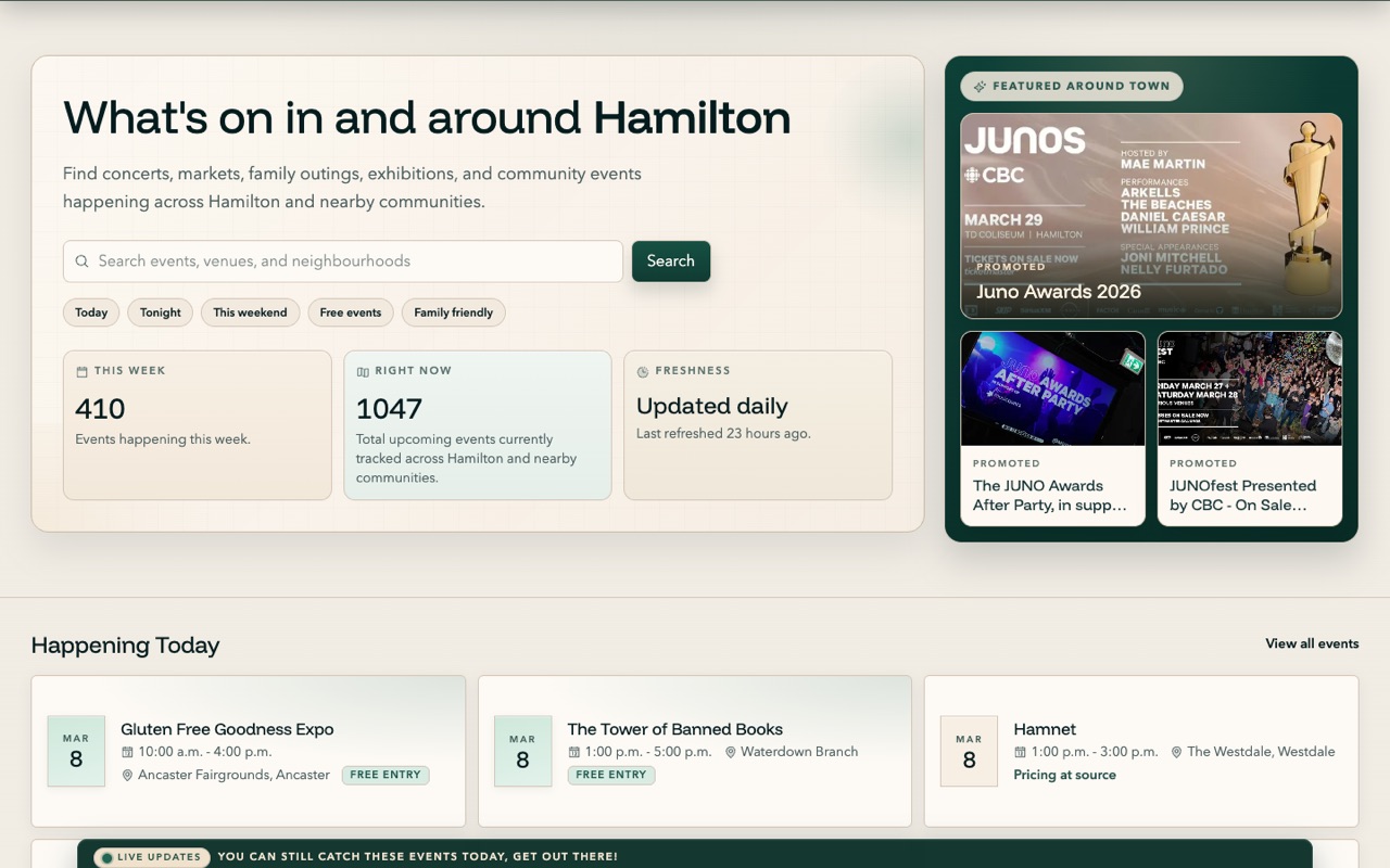 HamiltonEvents.ca homepage preview