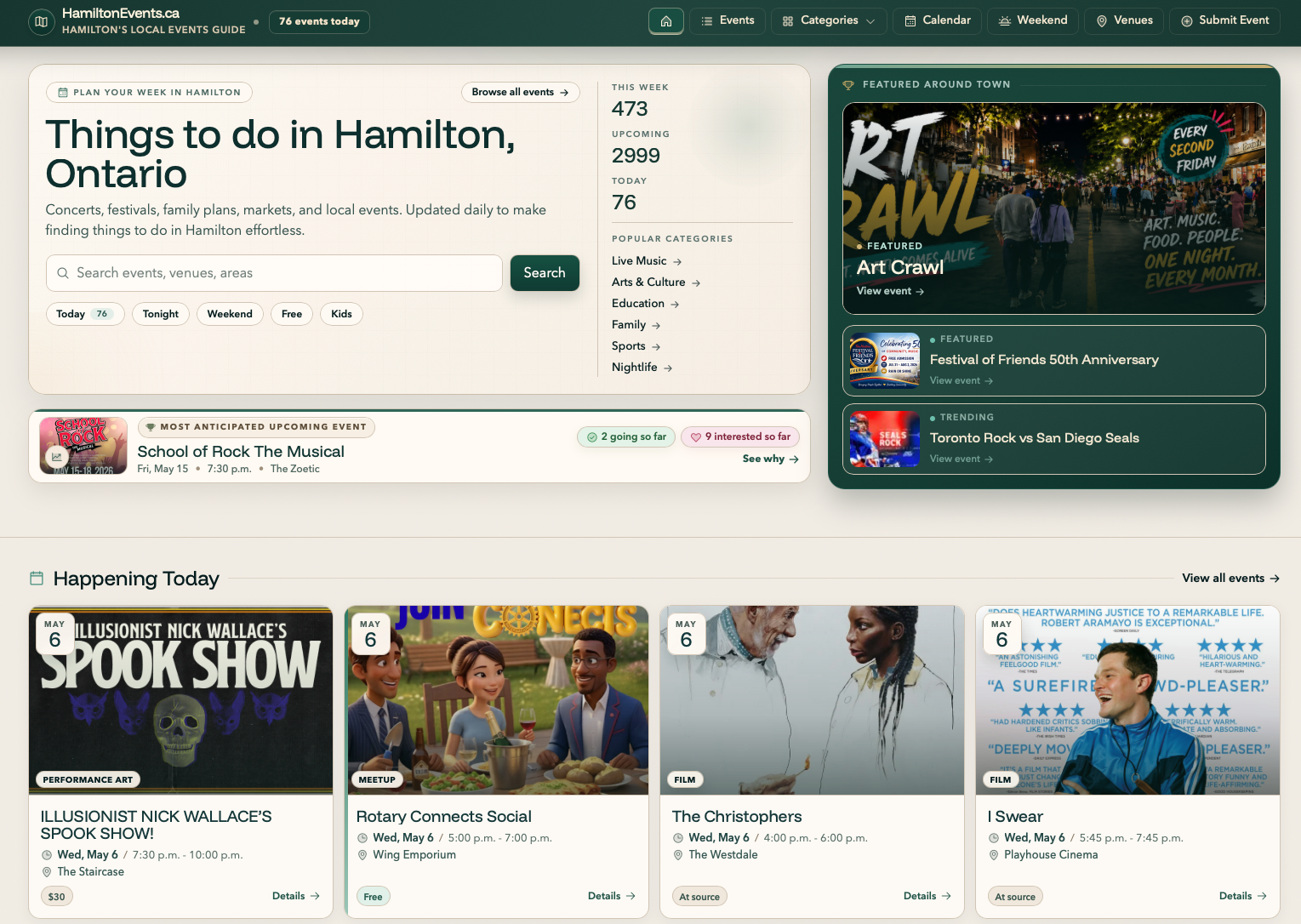 HamiltonEvents.ca homepage preview