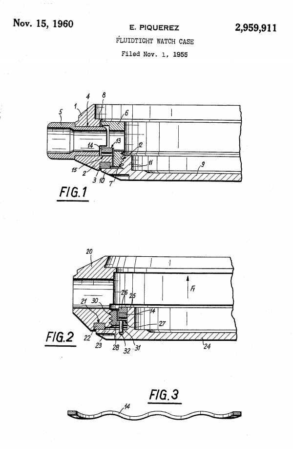 1960 patent diagram for a fluidtight watch case by E. Piquerez